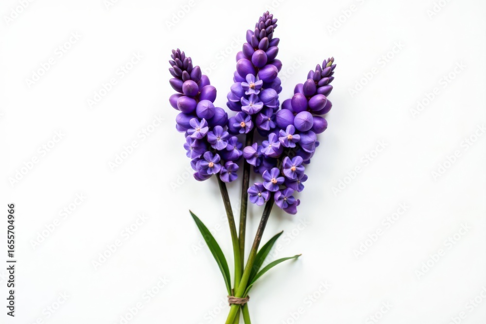 Naklejka premium Vibrant purple lavender blossoms tied together, set against a stark white backdrop , plant, photography