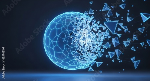 Abstract 3d rendering of a fractured sphere with fragments exploding, representing destruction, technology, and artificial intelligence