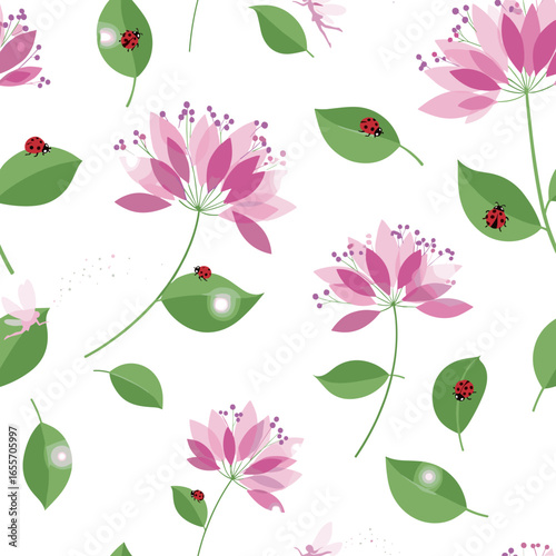 Delicate pink floral design featuring ladybugs crawling on green leaves and softly blooming flowers in a whimsical garden
