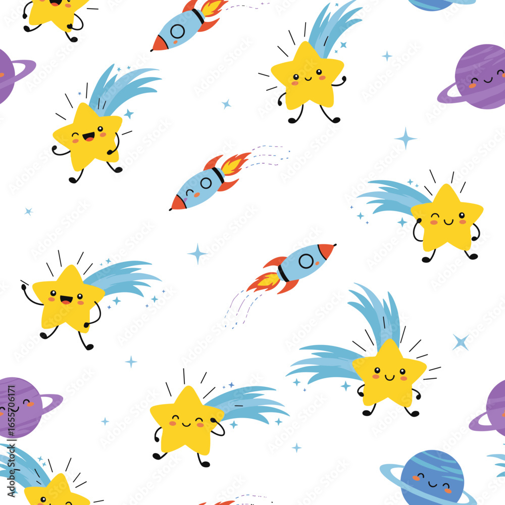 Obraz premium Cute cartoon space stars rockets and planets seamless pattern design for kids