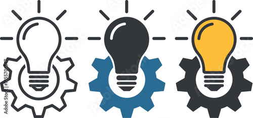 Three lightbulbs on gears representing innovation ideas and progress