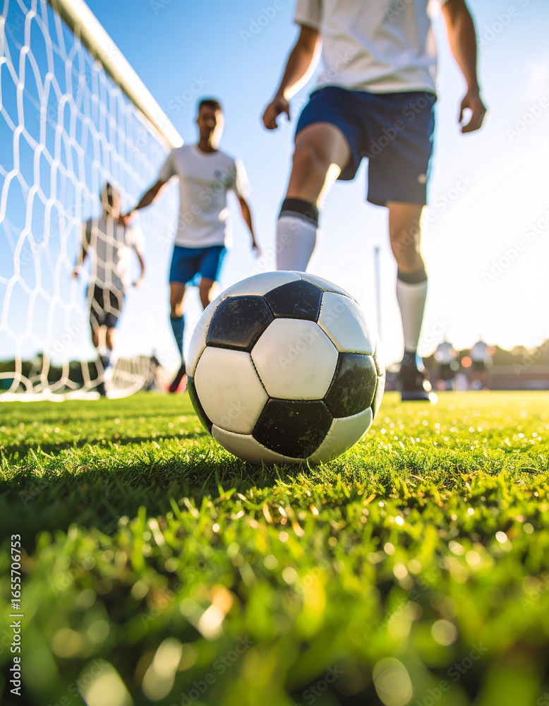 Fototapeta premium Mini soccer field with green turf, small goals, and a ball ready for the match