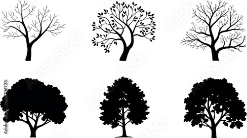 Collection of six stylized silhouettes of trees in different seasons and leafy forms