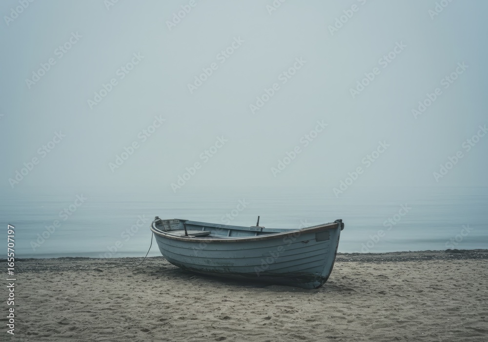 Naklejka premium Small fishing boat resting calmly on the beach sand in a misty sea coast scenery