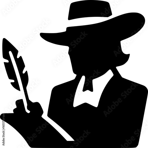 Author silhouette: An artistic silhouette depicts an author engrossed in writing, using a quill pen to craft words on a page, perfectly conveying the essence of creativity.