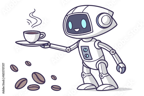 Cute robot serving coffee and coffee beans android