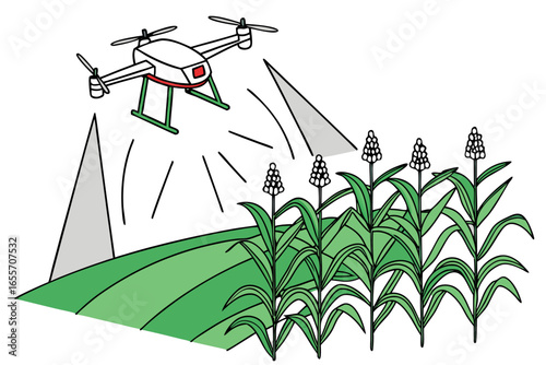 Drone surveying crops in a field agriculture farming