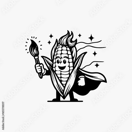 Artistic Corn Cob Superhero with Paintbrush.