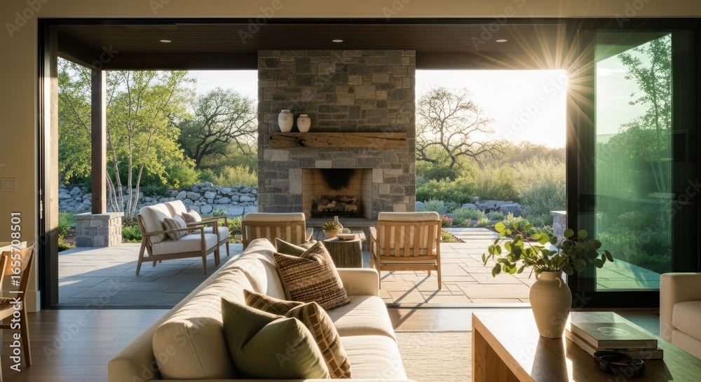 Fototapeta premium Sun-drenched modern living room with outdoor view
