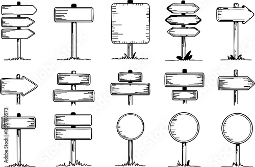 Collection of Hand Drawn Wooden Sign Illustrations on Posts Including Arrows Rectangles Squares and Circles Perfect for Wayfinding Information and Creative