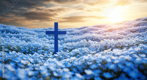 A solitary blue cross stands in a field of white flowers under a golden sunrise, symbolizing faith and hope