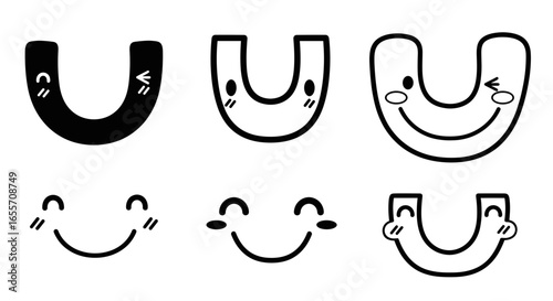 Set of six minimalist black and white U-shaped smile and emoticon designs, featuring various expressions.