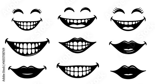 Collection of various smiling mouth illustrations, showcasing different expressions and teeth arrangements in black and white.