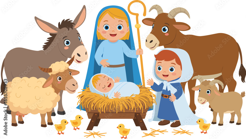 Obraz premium Joyful cartoon nativity scene with baby in a manger and animals vector illustration