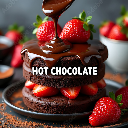 Stacked Delight Layers of Chocolate Cake and Strawberries Drizzled with Hot Chocolate on a Dark Background