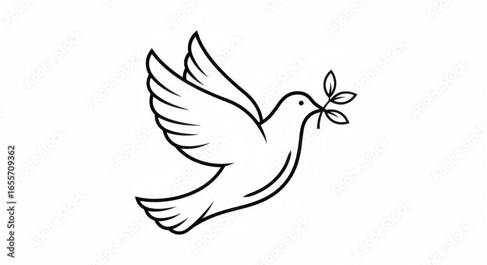 A simple line drawing of a dove flying with a branch in its beak, isolated on a white background A simple line drawing of a dove flying with a branch in its beak, isolated on a white background
