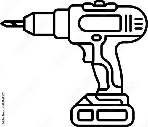 Line art illustration of a cordless electric drill with a battery pack
