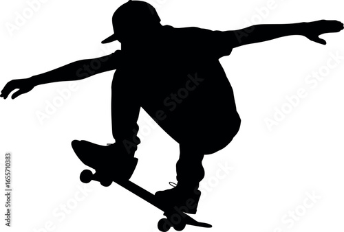 Dynamic silhouette of a skateboarder performing a trick against a white background