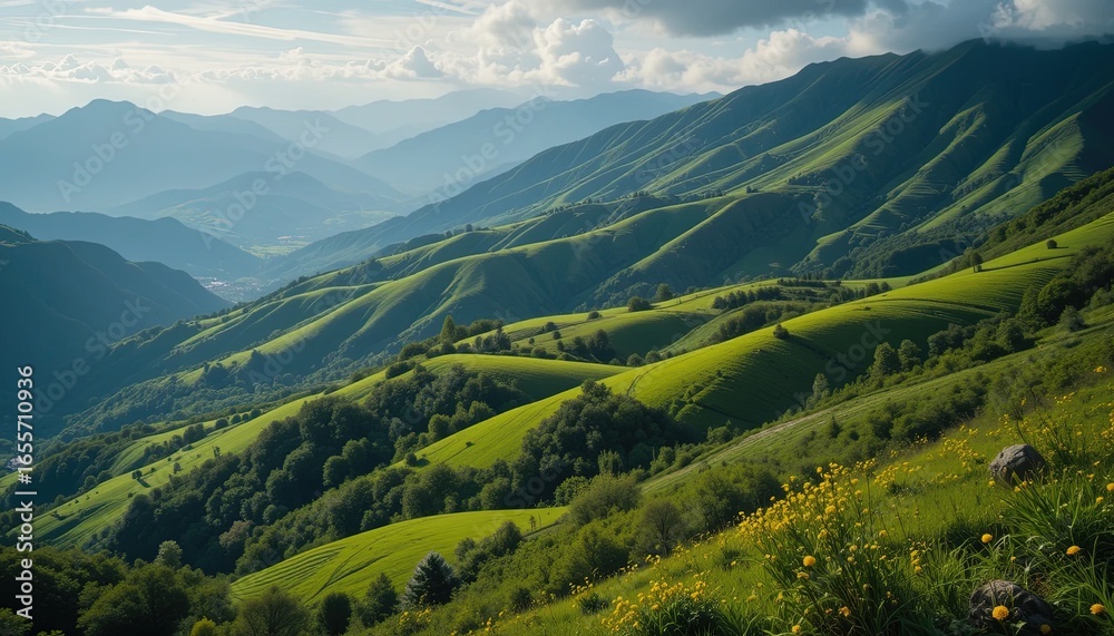 Fototapeta premium Lush green valley nestled between rolling hills under a partly cloudy sky, showcasing a serene mountain landscape.