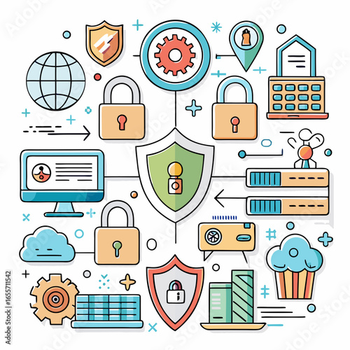 A modern vector icon sheet featuring cybersecurity elements like locks, shields, encryption, and networks in a sleek, flat, and tech-inspired style.