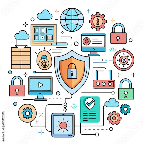 A modern vector icon sheet featuring cybersecurity elements like locks, shields, encryption, and networks in a sleek, flat, and tech-inspired style.