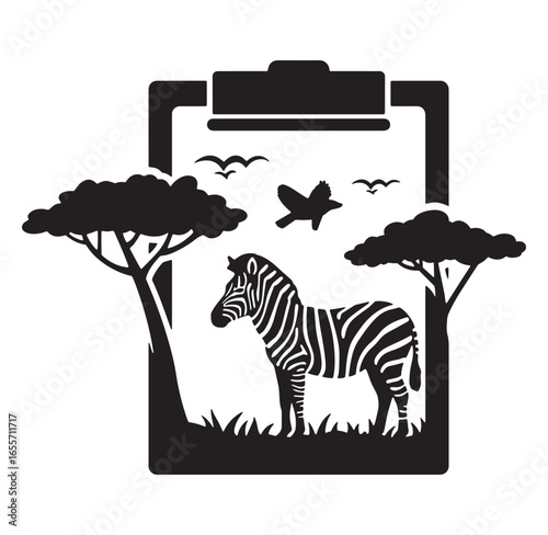 Vector illustration of a zebra in its savanna habitat inside a clipboard frame