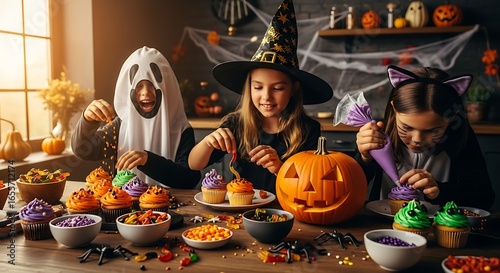 Creative Halloween Cupcake Decorating with Kids in Costumes: Fun Ghost, Witch, and Cat Themes, Festive Pumpkin Decor, and Colorful Sprinkles for Spooky Celebrations and Parties