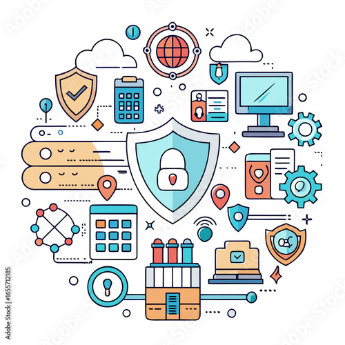 A modern vector icon sheet featuring cybersecurity elements like locks, shields, encryption, and networks in a sleek, flat, and tech-inspired style.