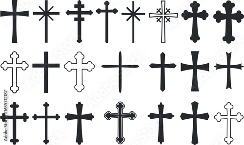 Collection of diverse christian cross designs in silhouette and outline styles
