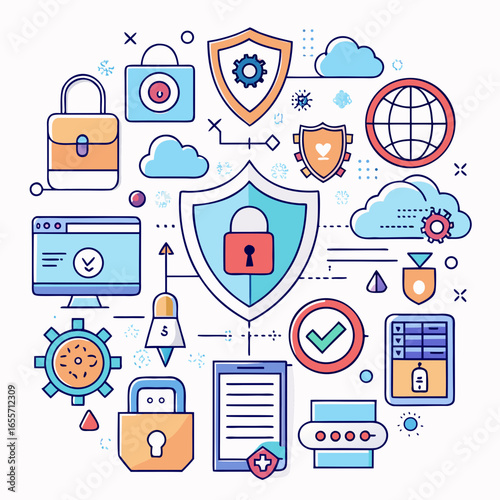 A modern vector icon sheet featuring cybersecurity elements like locks, shields, encryption, and networks in a sleek, flat, and tech-inspired style.