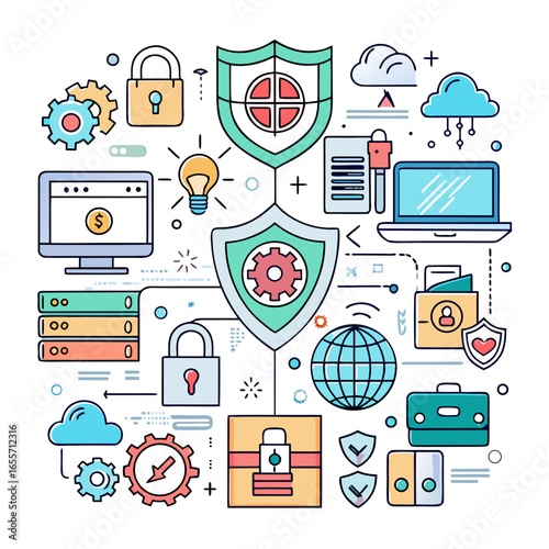 A modern vector icon sheet featuring cybersecurity elements like locks, shields, encryption, and networks in a sleek, flat, and tech-inspired style.