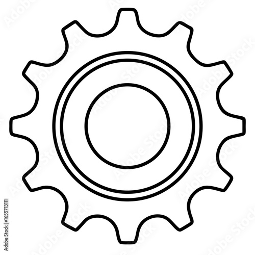 Illustration of a gear outline with internal circles and multiple teeth on a white background