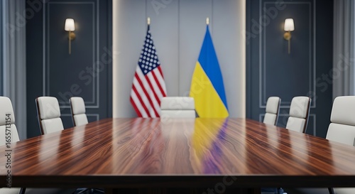 Mockup of a Conference Room US and Ukraine Flags on a Wooden Table