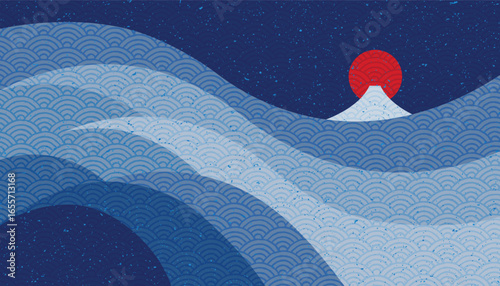 Japanese inspired vector art featuring Mt. Fuji, the rising sun, and a layered 'seigaiha' wave pattern in shades of blue. Features a subtle, artistic stippled texture.