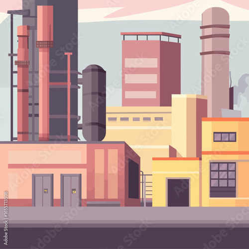 Flat minimalist vector industrial factory buildings with smokestacks and chimneys in cartoon style urban landscape illustration for 2D game art background design