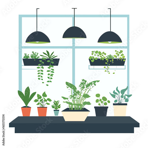 Indoor green plants collection on table and hanging pots near window with modern black pendant lamps flat minimalist vector illustration