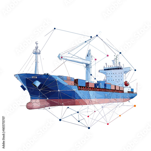 Abstract polygonal 3D cargo ship with containers and crane loading system in connected dots style for international shipping and maritime transport concept vector illustration