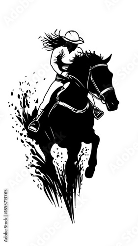 Silhouette of female horseback rider galloping fast with flowing hair kicking up dirt in dynamic equestrian action vector illustration