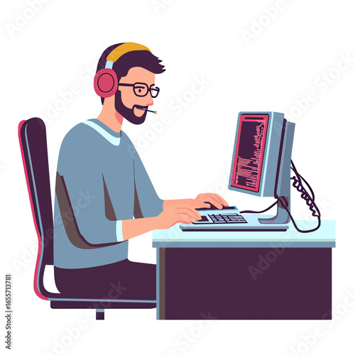 Profile view of male software developer wearing headset and glasses coding on desktop computer in modern workspace flat vector illustration