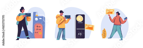 Young diverse people using contactless payment with credit cards, mobile phone scanning, and holding paper bills in modern flat vector style