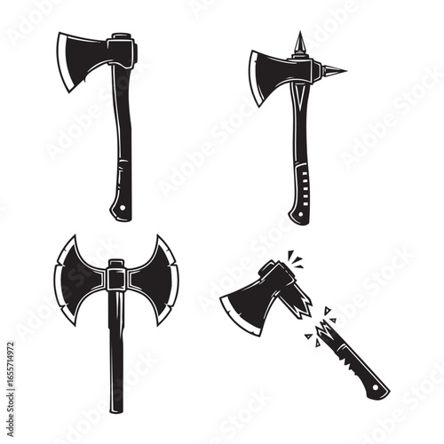 Vector art of four axes are displayed, each with a unique design, including a doublebladed axe and a broken axe, showcasing variety
