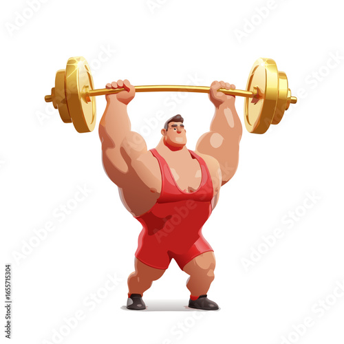 Strong weightlifter in red suit lifting heavy golden barbell with power pose