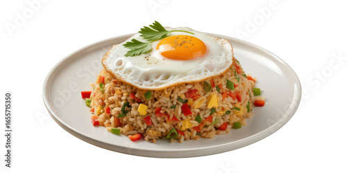 Delicious fried rice dish topped with a sunny side up egg isolated on transparent background