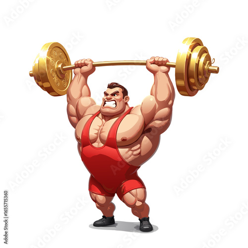 Strong weightlifter in red suit lifting heavy golden barbell with power pose