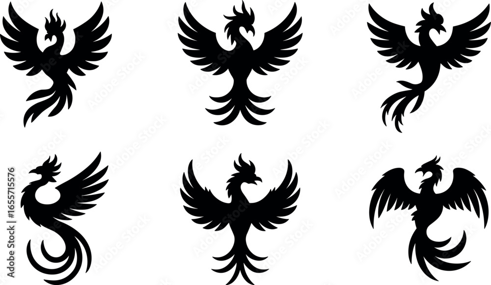 Fototapeta premium Collection of six stylized black silhouette phoenix bird designs in various poses