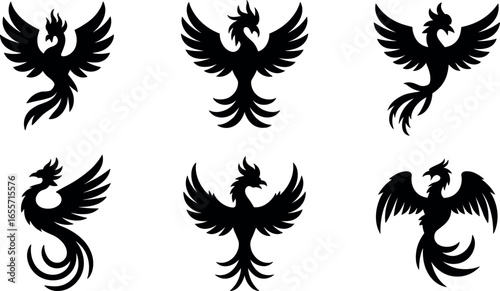 Collection of six stylized black silhouette phoenix bird designs in various poses