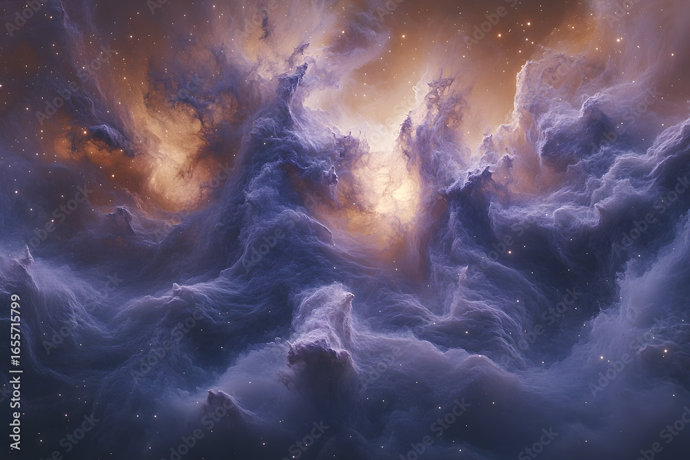 Fototapeta premium Celestial Dance: Lavender Nebula with Golden Hues