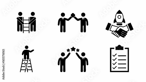 Illustration of teamwork, collaboration, and success icons in black and white business theme image silhouette