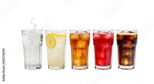 Five tall glasses filled with assorted cold refreshing beverages isolated on transparent background