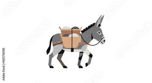 Cartoon Donkey Carrying Load Illustration, Ideal for Children's Books, Educational Materials, and Farm-Themed Designs, Promoting Animal Welfare and Rural Lifestyle Concepts